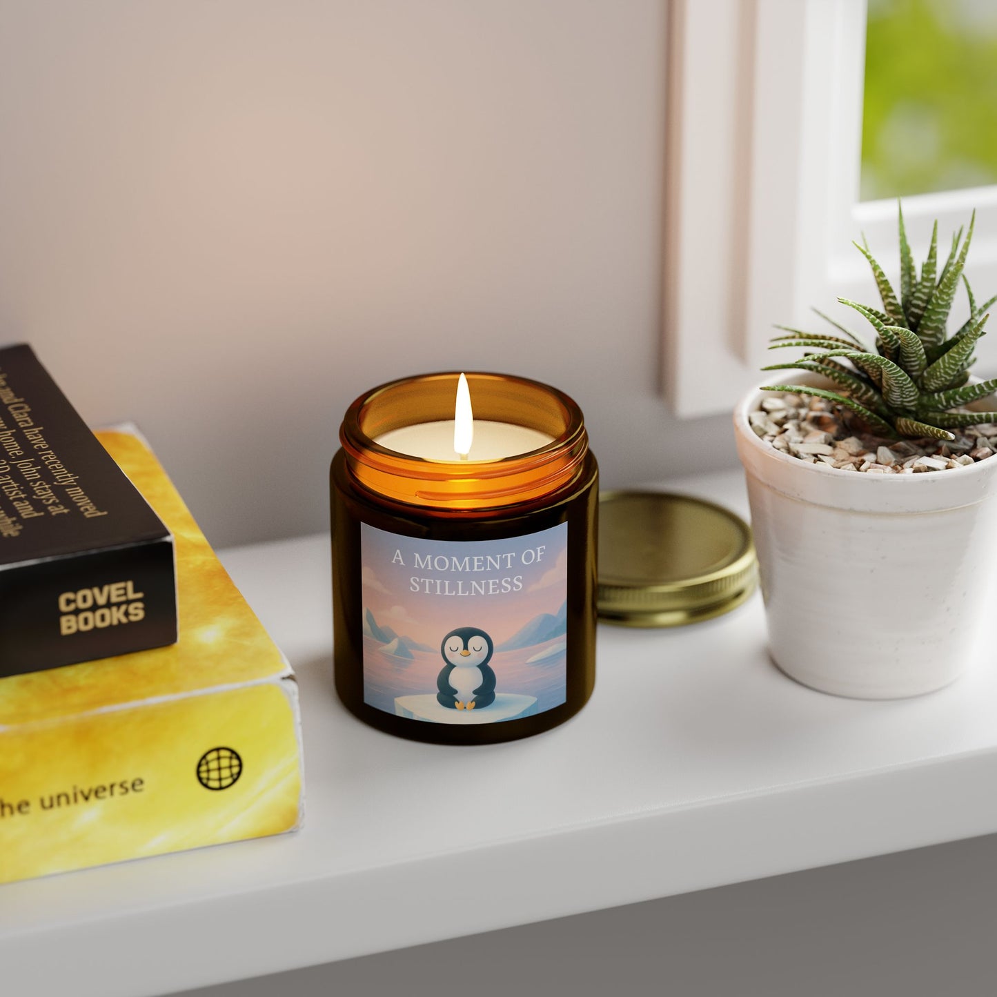 Pensive Penguin Scented Candles for Mindfulness & Calm, Eco-Friendly Coconut Apricot Wax, A Moment of Stillness
