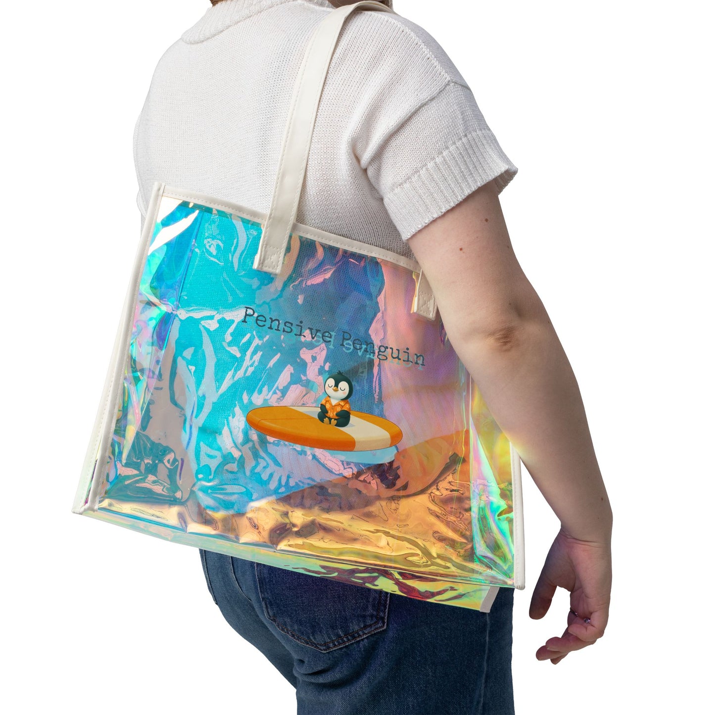 Holographic Beach Tote Bag, Pensive Penguin: Path to Kauai, Fun Summer Accessory, Waterproof Beach Bag, Travel Tote, Gift for Ocean Lovers