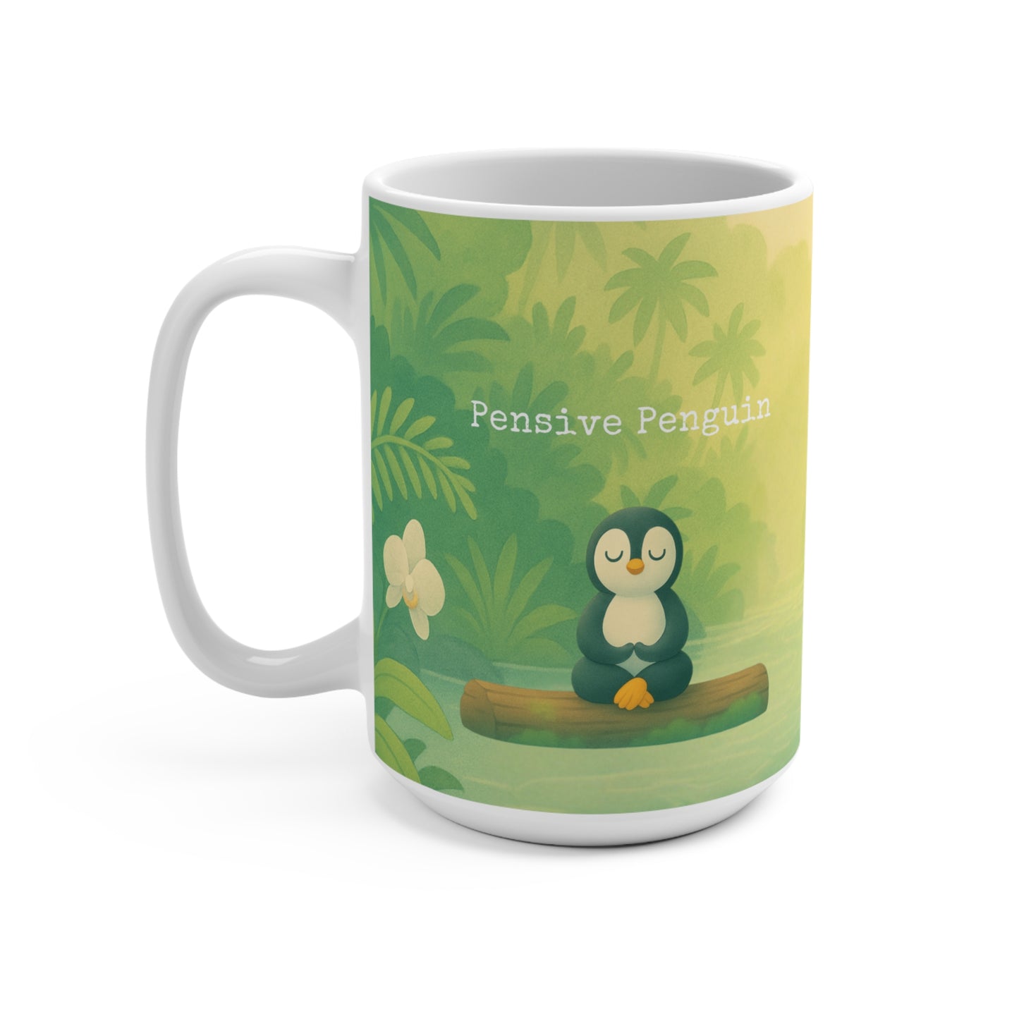Pensive Penguin Coffee Mug, Ho'oponopono Design
