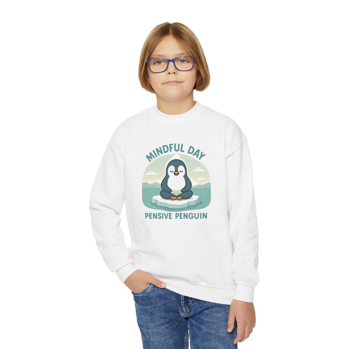 Mindful Day Pensive Penguin Youth Crewneck Sweatshirt, Kids Pullover, Relaxed Fit, Thoughtful Gift, Cozy Apparel for Meditation
