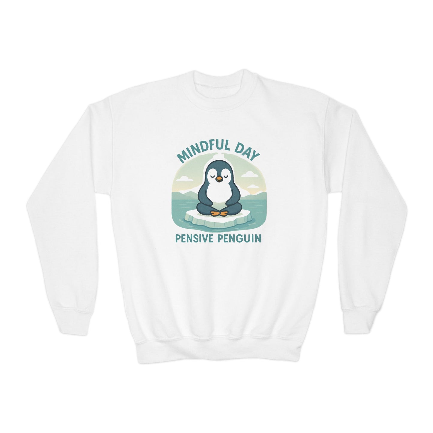 Mindful Day Pensive Penguin Youth Crewneck Sweatshirt, Kids Pullover, Relaxed Fit, Thoughtful Gift, Cozy Apparel for Meditation