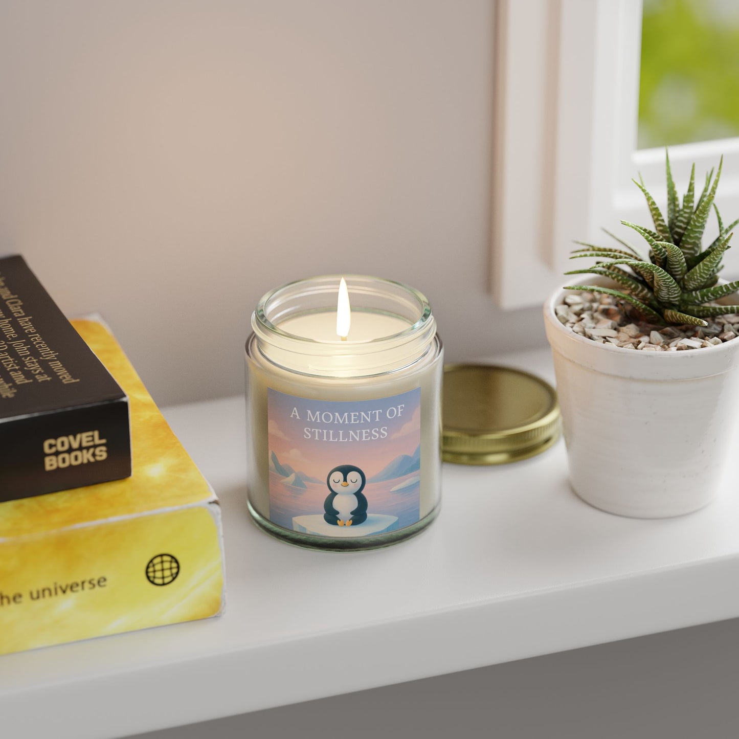 Pensive Penguin Scented Candles for Mindfulness & Calm, Eco-Friendly Coconut Apricot Wax, A Moment of Stillness