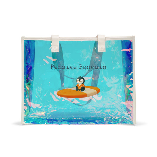 Holographic Beach Tote Bag, Pensive Penguin: Path to Kauai, Fun Summer Accessory, Waterproof Beach Bag, Travel Tote, Gift for Ocean Lovers