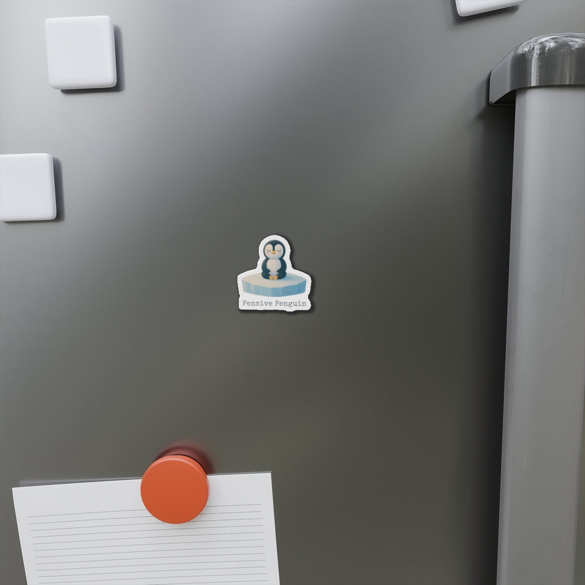 Pensive Penguin Die-Cut Magnet: Fridge Magnet, Relaxation Reminder, Home Office Decor