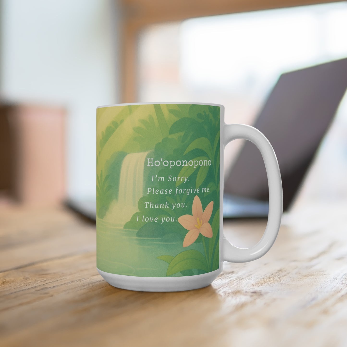 Pensive Penguin Coffee Mug, Ho'oponopono Design