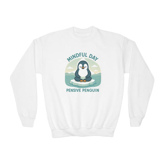 Mindful Day Pensive Penguin Youth Crewneck Sweatshirt, Kids Pullover, Relaxed Fit, Thoughtful Gift, Cozy Apparel for Meditation